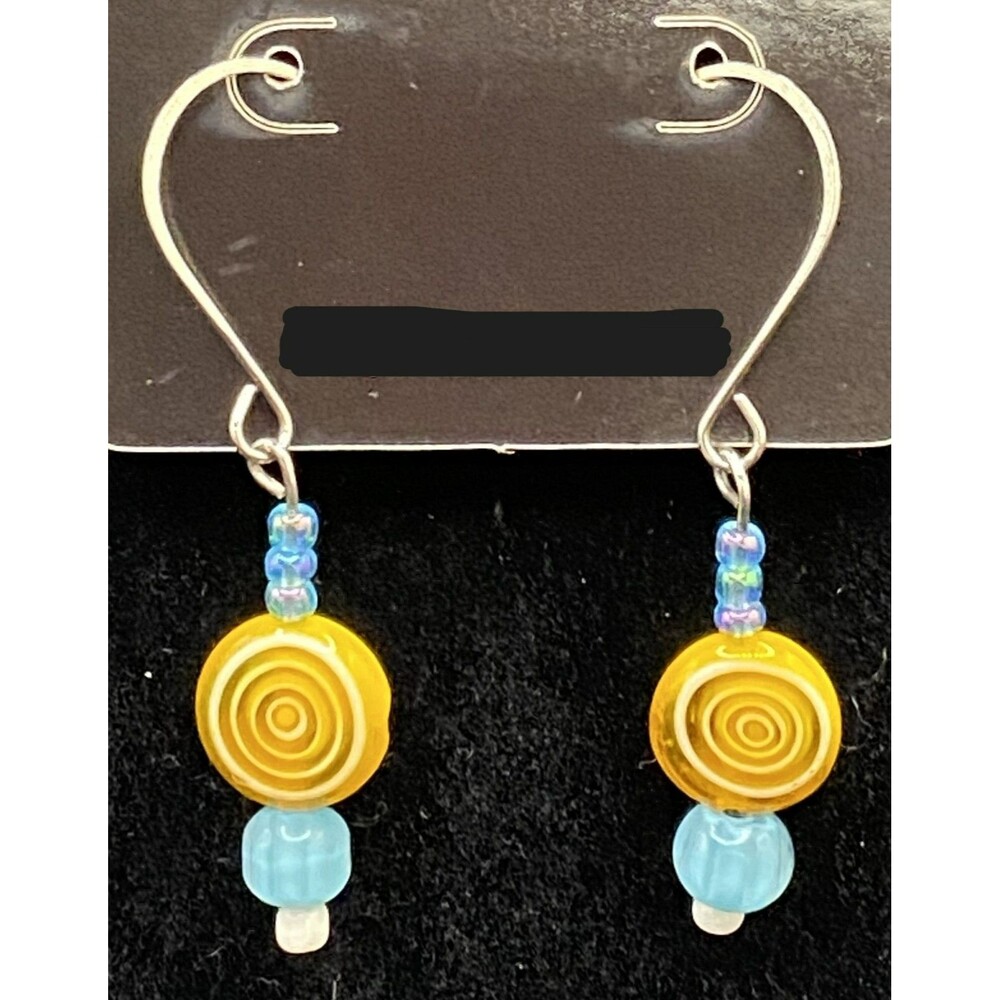 Handmade Concentric Circle Yellow White & Aqua Glass Bead Earrings by Neanie-Bot